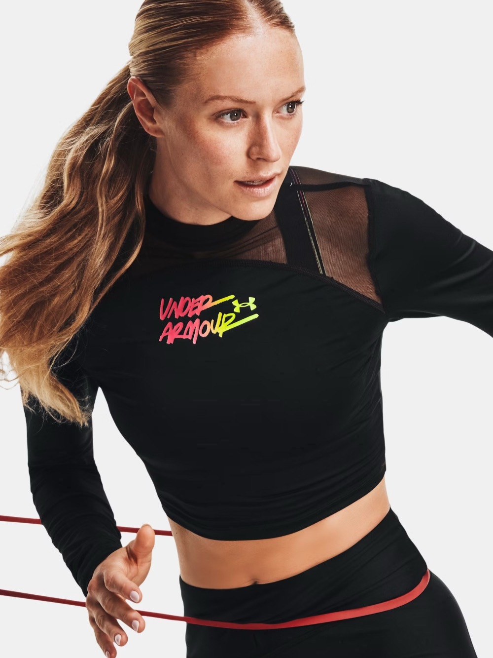 Under Armour Black Long-Sleeve Mesh Yoke Neon Logo Crop Top
